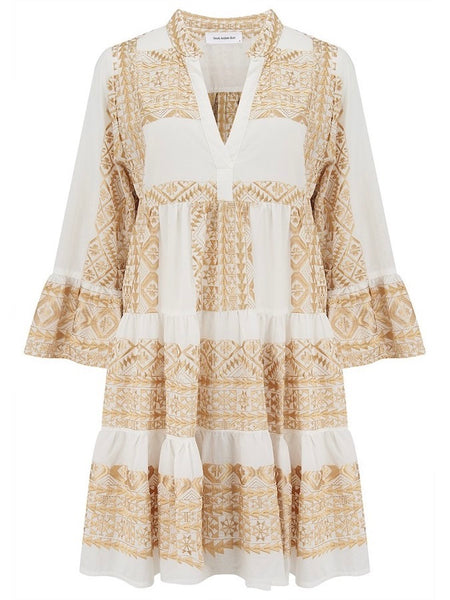 DRESS SHORT ALL OVER OLD RUFFLES , NATURAL / GOLD