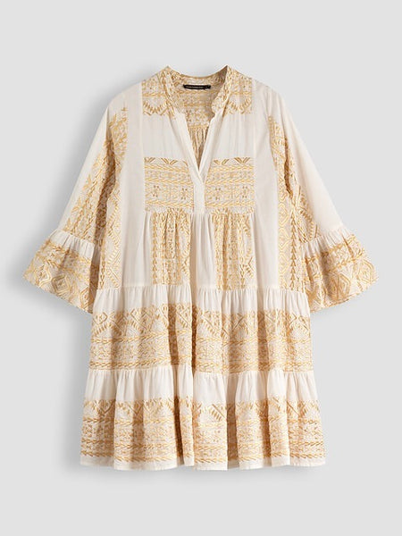 DRESS SHORT ALL OVER OLD RUFFLES , NATURAL / GOLD