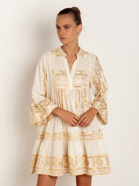 DRESS SHORT ALL OVER OLD RUFFLES , NATURAL / GOLD