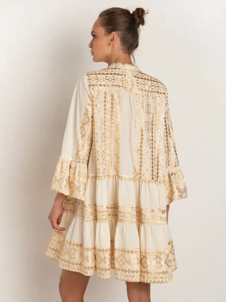 DRESS SHORT ALL OVER OLD RUFFLES , NATURAL / GOLD