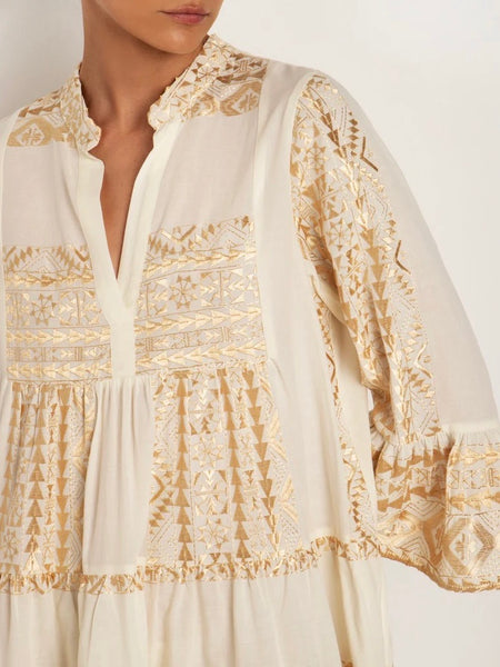 DRESS SHORT ALL OVER OLD RUFFLES , NATURAL / GOLD