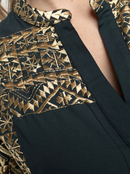 SHORT EMBROIDERY DRESS, CHARCOAL / GOLD