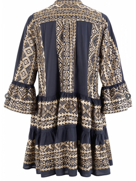 SHORT EMBROIDERY DRESS, CHARCOAL / GOLD