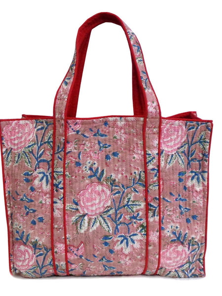 QUILTED BLOCK PRINTET SHOPPER TOTE I MISTY ROSE GUD