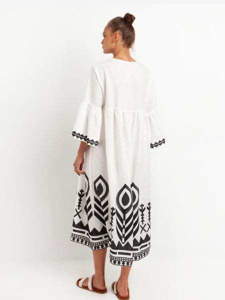 DRESS LONG FEATHER CHEVRON BELL SLEEVES, WHITE/BLACK