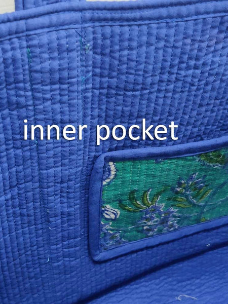 QUILTED BLOCK PRINTET SHOPPER TOTE i flower blossom sea green gud
