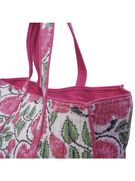 QUILTED BLOCK PRINTET COTTON TOTE, Kamal Gulabi Open