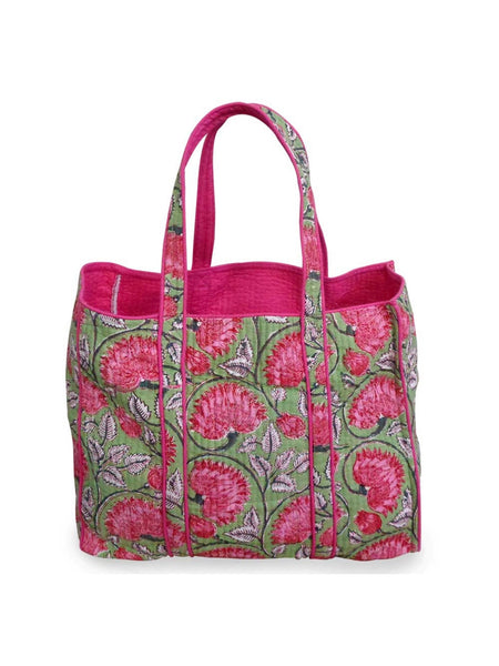 QUILTED BLOCK PRINTET COTTON TOTE, Kamal Gulabi Gud