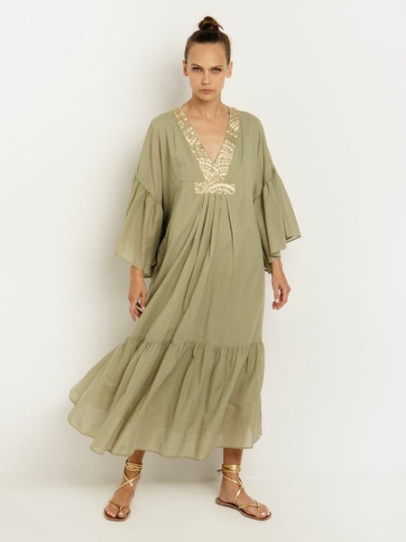 DRESS LONG NEW ALL OVER L/S RUFFLES , TEA / GOLD