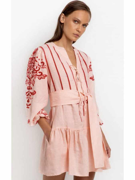 SHORT EMBROIDERY LINNEN DRESS I PINK / RED