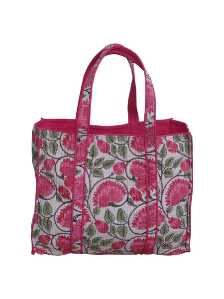 QUILTED BLOCK PRINTET COTTON TOTE, Kamal Gulabi Open