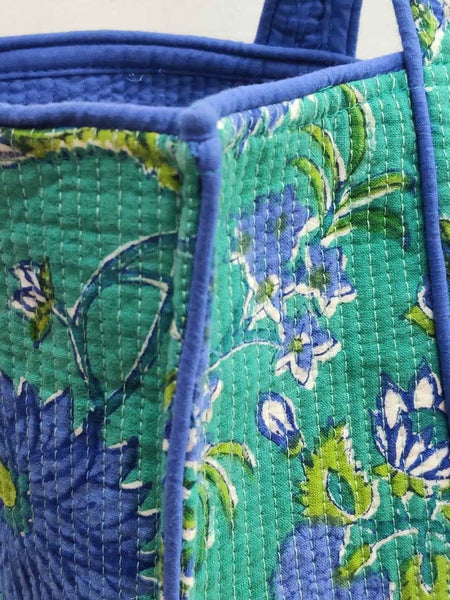 QUILTED BLOCK PRINTET SHOPPER TOTE i flower blossom sea green gud