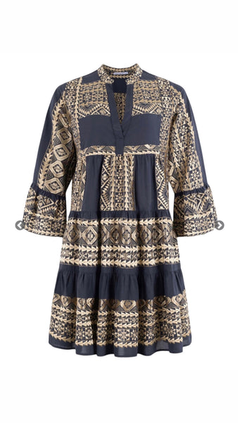 SHORT EMBROIDERY DRESS, CHARCOAL / GOLD