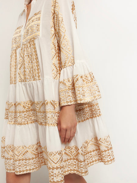 SHORT EMBROIDERY DRESS, WHITE / GOLD