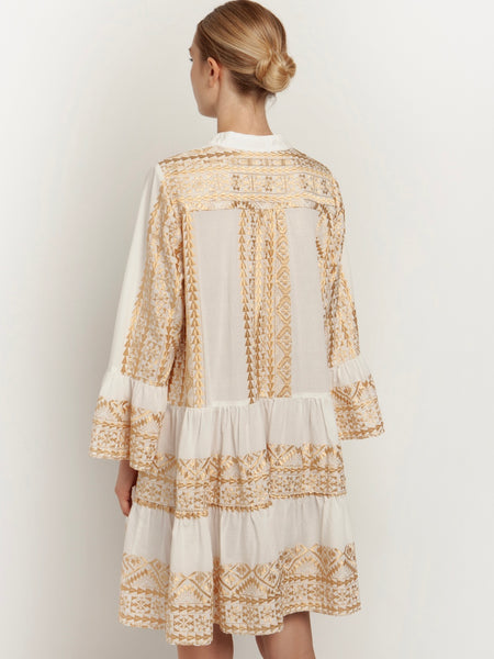 SHORT EMBROIDERY DRESS, WHITE / GOLD