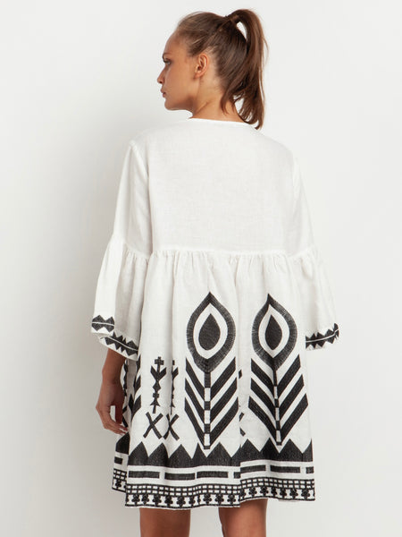 DRESS SHORT FEATHER CHEVRON BELL SLEEVES, WHITE/BLACK