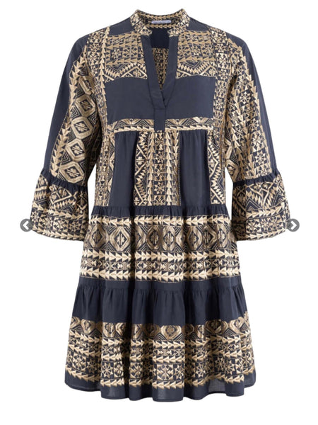 SHORT EMBROIDERY DRESS, CHARCOAL / GOLD