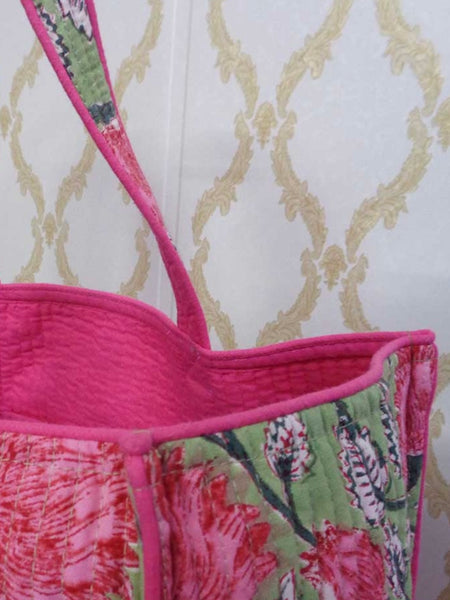 QUILTED BLOCK PRINTET COTTON TOTE, Kamal Gulabi Gud