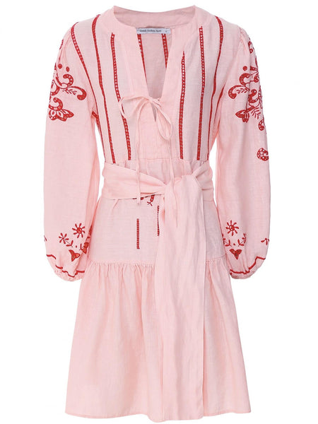 SHORT EMBROIDERY LINNEN DRESS I PINK / RED