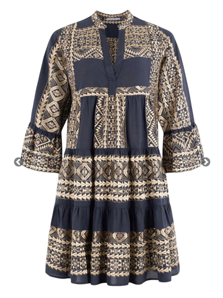 SHORT EMBROIDERY DRESS, CHARCOAL / GOLD