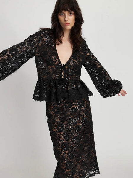 Lace sequins blouse, BLACK