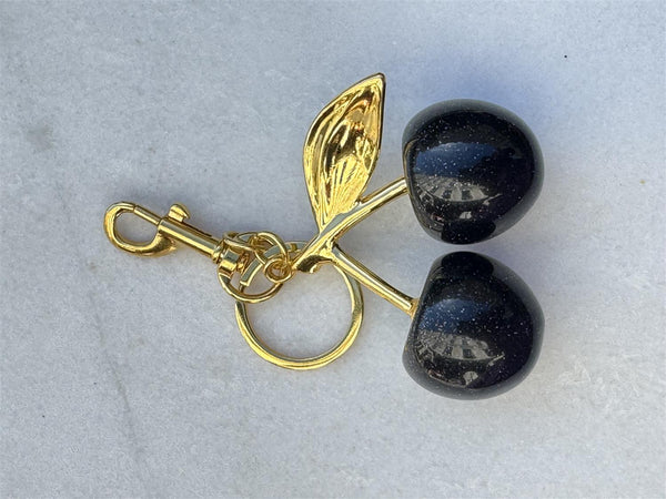BLACK / GOLD SWEET CHERRY  KEY CHAIN BAG PENDANT,