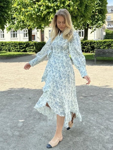 SigneIC Long Wrap Dress  - White Blue Print