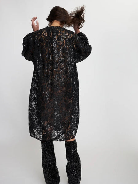 Lace sequins shirt dress, BLACK