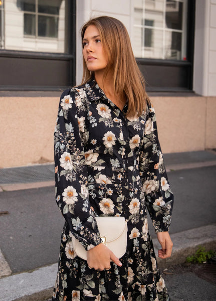 VICKY MIDI DRESS , ANTIQUE BLACK POPLIN