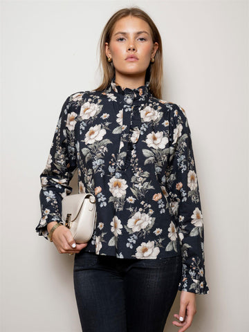 ELLA BLOUSE ANTIQUE,  BLACK POPLIN
