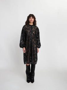 Lace sequins shirt dress, BLACK