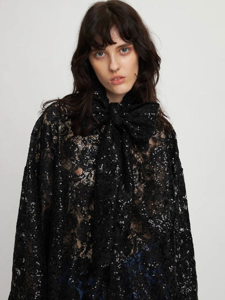 Lace sequins shirt dress, BLACK