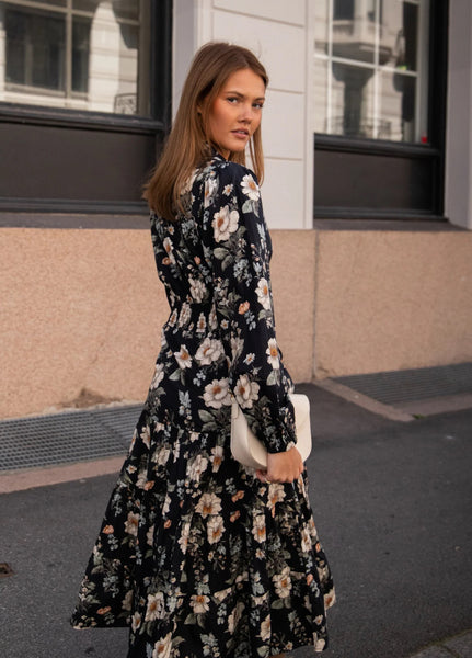 VICKY MIDI DRESS , ANTIQUE BLACK POPLIN