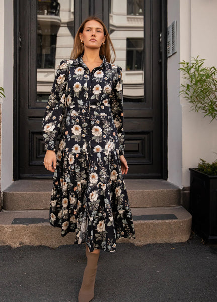 VICKY MIDI DRESS , ANTIQUE BLACK POPLIN