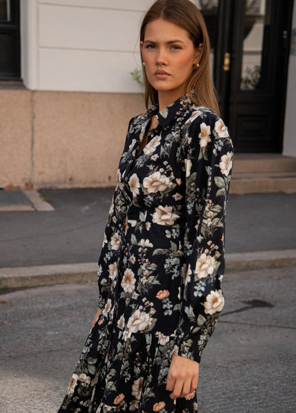 VICKY MIDI DRESS , ANTIQUE BLACK POPLIN