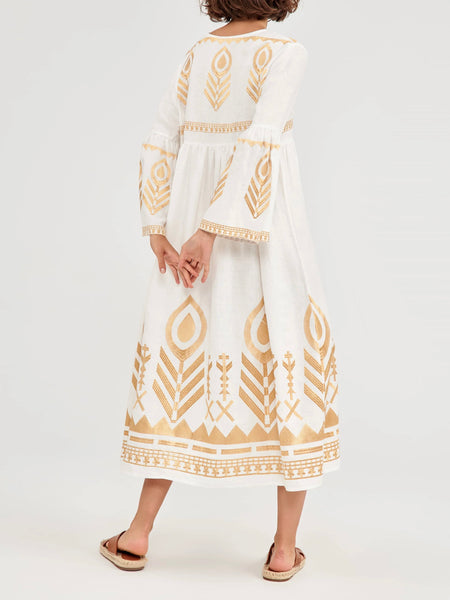 DRESS LONG FEATHER CHEVRON BELL SLEEVES, WHITE / GOLD