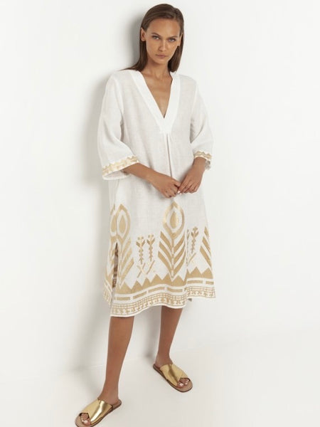 DRESS LONG FEATHER CHEVRON , WHITE / GOLD