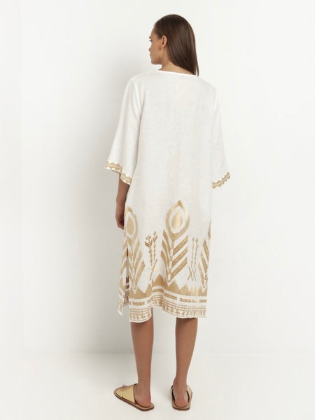 DRESS LONG FEATHER CHEVRON , WHITE / GOLD