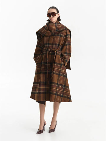 CHECKED CAPPOTTO TRENCH COAT , MARRONE