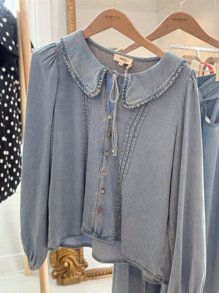 LAZAR FLOWING DENIM BLUSE, JEANS CLAIR