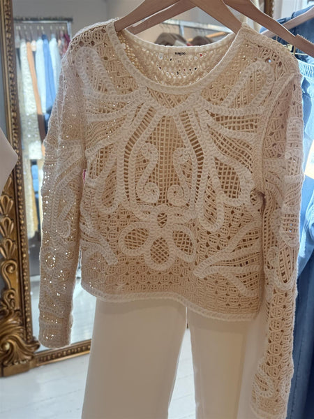 Paelini Two-tone crochet jumper, CREME