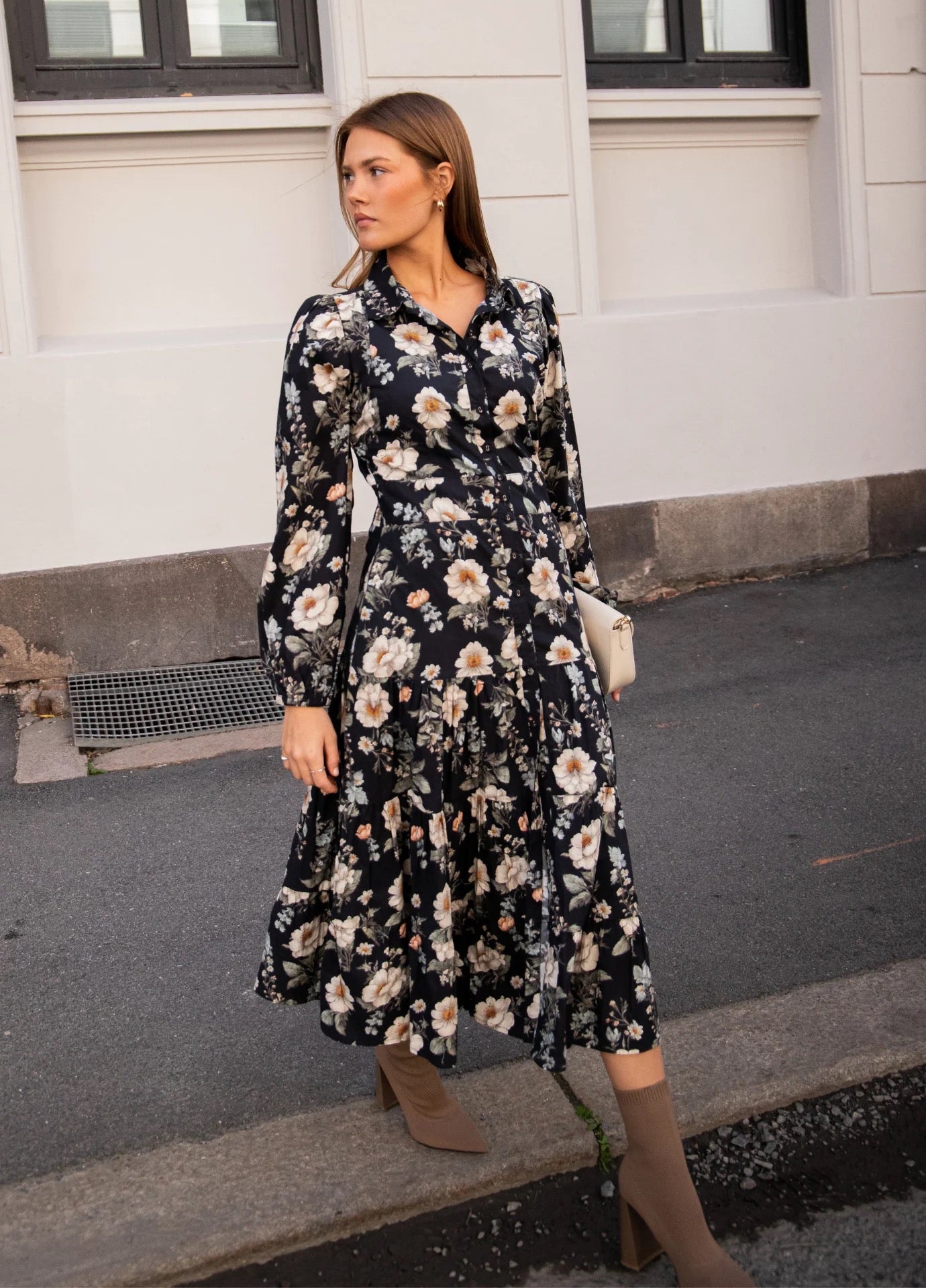 VICKY MIDI DRESS , ANTIQUE BLACK POPLIN