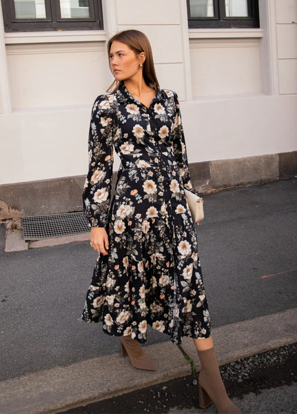 VICKY MIDI DRESS , ANTIQUE BLACK POPLIN