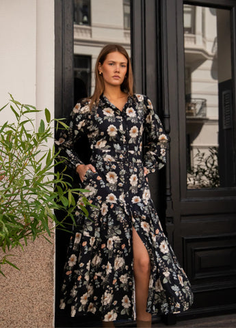 VICKY MIDI DRESS , ANTIQUE BLACK POPLIN