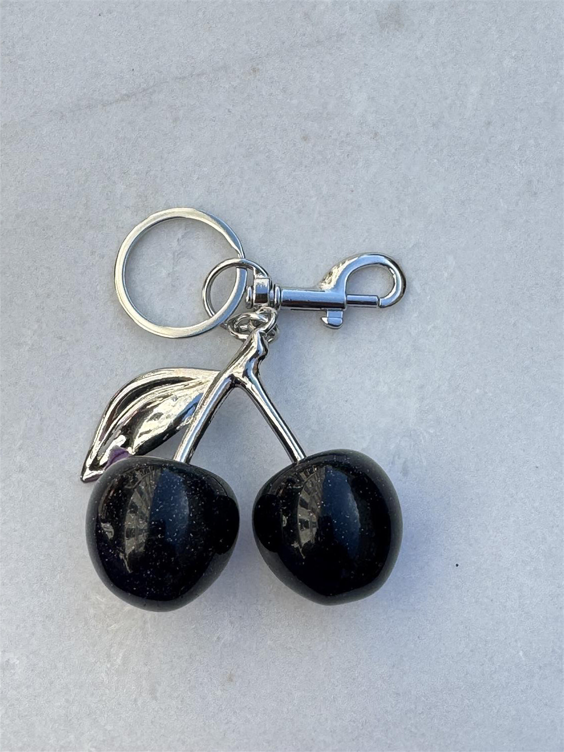 BLACK / SILVER SWEET CHERRY  KEY CHAIN BAG PENDANT,