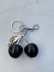BLACK / SILVER SWEET CHERRY  KEY CHAIN BAG PENDANT,