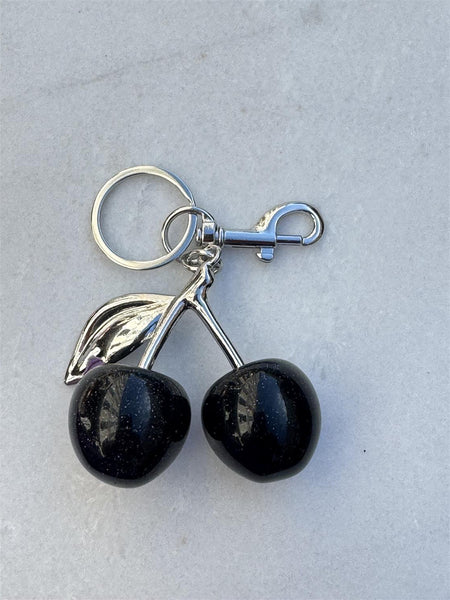 BLACK / SILVER SWEET CHERRY  KEY CHAIN BAG PENDANT,