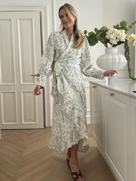 SigneIC Long Wrap Dress  - White Blue Print