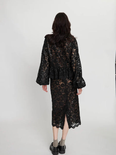 Lace sequins blouse, BLACK