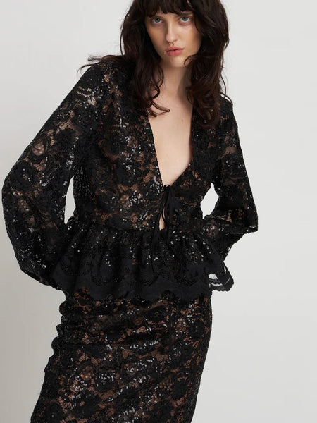 Lace sequins blouse, BLACK